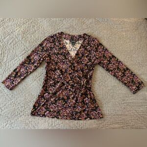 Ralph Lauren Black Floral Wrap Blouse Long Sleeve Medium Gold Monogram Hardware